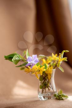 bouquet of yellow spring flowers in a glass vase in fabric background, warm shades. Vintage feminine styled photo.