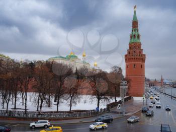 The Moscow Kremlin, the Kremlin Embankment and the Moskva River on a winter day in Moscow, Russia. Architecture and sightseeing