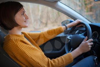 Asian young Woman behind the wheel of a car. People, driving, transportation concept