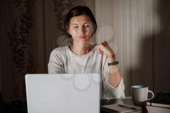 female student freelancer working at home on a task. lady talk on video conference call, woman teacher coach webcam tutor, online training, electronic coaching concept