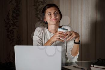 female student freelancer working at home on a task. lady talk on video conference call, woman teacher coach webcam tutor, online training, electronic coaching concept
