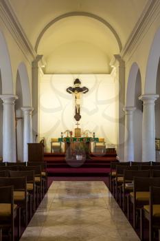 Interior of the oldest Catholic Church founded by Robert Arsenius Walsh on Kauai in Hawaii
