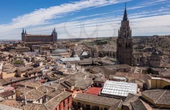 View from tower of Iglesia de San Ildefonso of ancient city of Toledo, Spain, Europe