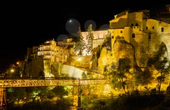 Bridge of St Paul and old town of Cuenca at night in Castilla-La Mancha, Spain, Europe