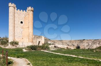 Castle overlooking hilltop town of Alcala del Jucar  in Castilla-La Mancha, Spain, Europe