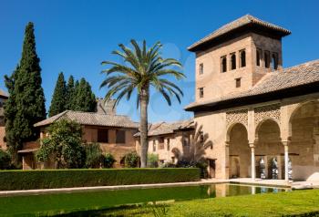 Courtyard and reflecting pool of Partal in Alta Alhambra in ancient city of Granada in Andalucia, Spain, Europe