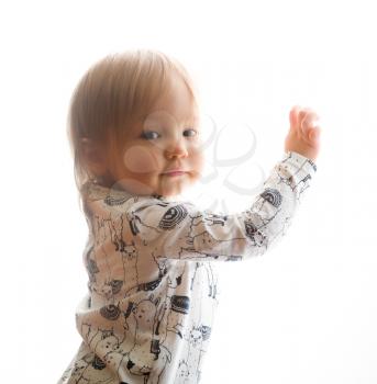 Isolated head and shoulders of caucasian ethnicity baby girl one year old facing the camera over her shoulder and leaning against a pure white background