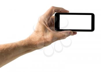Image of male hand holding smartphone with screen isolated ready for insertion of your application or screenshot