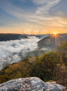 Panorama of New River at Grand View in New River Gorge National park at sunrise in West Virginia