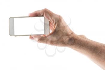 Image of male left hand holding smartphone with screen isolated ready for insertion of your application or screenshot against white background