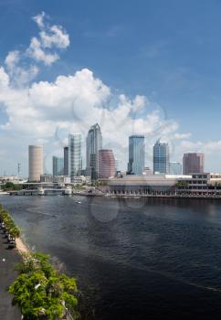 Florida skyline at Tampa with the Convention Center on the riverbank. Taken in summer during the day