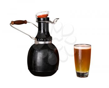 Cutout of a large 64 fluid ounce four pint growler bottle with a glass of cold beer or ale. Used by microbreweries to serve beer for home consumption