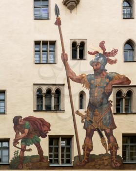 Mural of David and Goliath painted by Melchior Bocksberger in 1573 in the medieval town of Regensburg, Bavaria, Germany