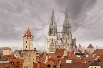 View from roof of Lutheran church tower over the roofs of the medieval town of Regensburg, Bavaria, Germany