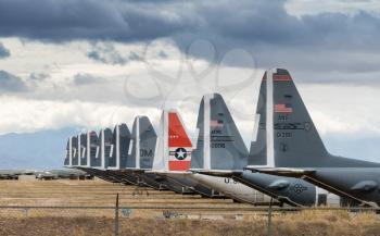 Tails of many grounded and retired air force planes in the Boneyard near Tucson Arizona