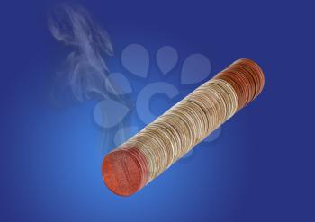 Conceptual illustration of a cigarette burning money created from a  macro focus stacked image of a cigarette made from stack of coins with smoke added to burning tip made from pennies