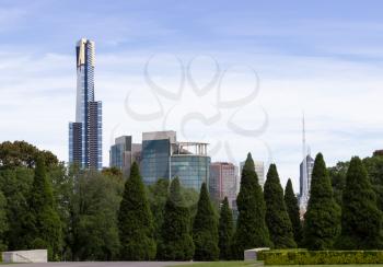 Early morning view of city of Melbourne in Australia taken from the Shrine of Remembrance