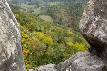 View down from the rocky mountain top of Seneca Rocks in West Virginia