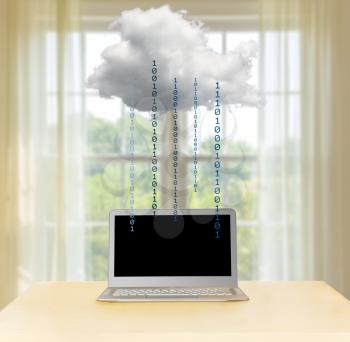 Concept image of a laptop connected to applications in the cloud computing internet with feeling of relaxation and zen
