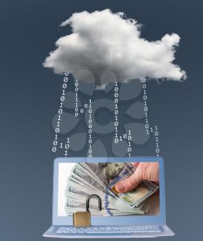 Modern laptop computer connected to cloud computing with ransomware locking applications. Hand with money represents ransom