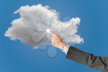 Concept image for cloud computing and online applications showing bits inside web services platform and a male hand pointing to the cloud