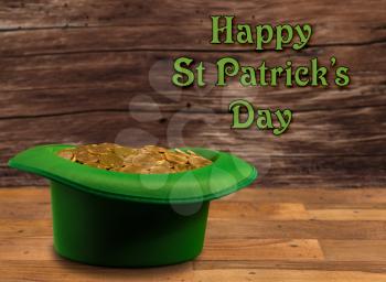 Treasure of pure gold coins inside a green velvet hat on wooden table to celebrate luck on March 17th. Text included saying Happy St Patrick's Day