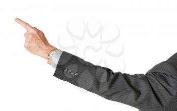 Senior caucasian businessman or executive isolated against white background. Subject is in profile and pointing finger