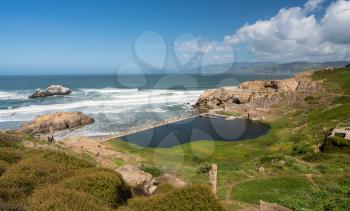 Remains of massive swimming pool complex at Sutro Baths on the coast at Point Lobos near San Francisco, California