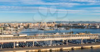 VALENCIA, SPAIN - MARCH 16, 2018: Panorama of the Juan Carlos 1 Royal Marina in Valencia, Spain