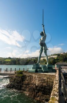 ILFRACOMBE, DEVON UK - JULY 24:  Sun illuminated Verity on 24 July 2017 in Ilfracombe, UK. The 25m tall Damien Hirst statue Verity was erected in 2012