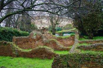 Remains of brick walls in garden of Domus Aurea with Colosseum in background