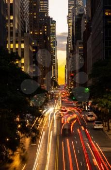 Congested traffic at night on 42nd street in New York city known as Manhattanhenge