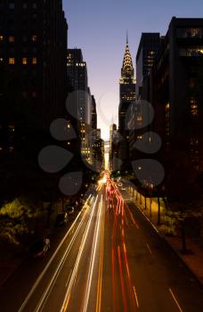 Congested traffic at night on 42nd street in New York city known as Manhattanhenge