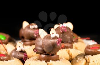 Chocolate mice sitting on top of sugary cookies for Christmas treat