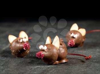 Chocolate mice sitting on top of slate table top for traditional holiday Christmas treats
