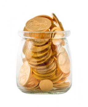 Pure gold US treasury coins inside a glass jar against a white background to represent investment or wealth