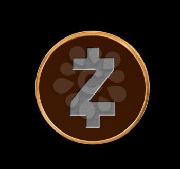 Illustration of Zcash coin on black background to illustrate blockchain and cyber currency