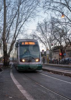 ROME, ITALY - MARCH 19, 2018: Modern tram near the Biopark in the city of Rome