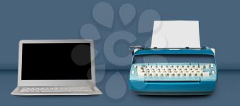 Modern electric typewriter alongside modern laptop on blue desk background with copy space