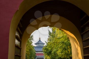 Temple of Heaven viewed through the entrance doorway and arch in Beijing, China