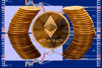 Single Ether coin with pure gold coins reflected in glass surface. Gives illusion of being surrounded by ring of gold with background of trading screen