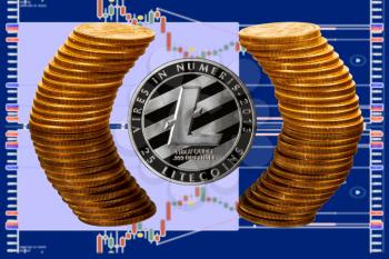 Single Litecoin coin with pure gold coins reflected in glass surface. Gives illusion of being surrounded by ring of gold with background of trading screen