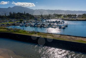 Aerial shot of the river anahulu and the boat harbor in the North Shore town of Haleiwa