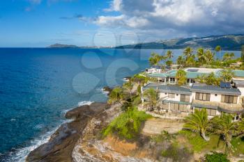 Aerial view of expensive cliff top houses at Portlock overlooking the ocean in Oahu, Hawaii