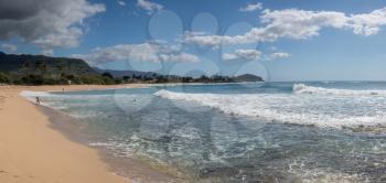 Panorama of the bay and sand of Makaha beach park on the extreme west coast of Oahu in Hawaii