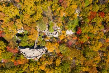 Aerial drone image above the Coopers Rock state park overlook over the Cheat River valley in the autumn looking towards Cheat Lake near Morgantown, WV