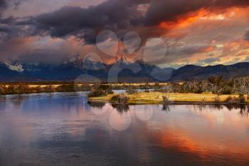 Colorful sunrise, Torres del Paine National Park, Patagonia, Chile