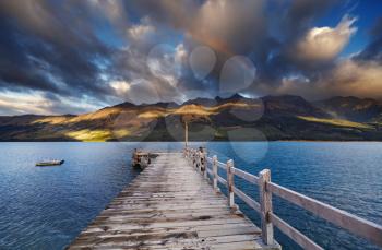 Wooden pier, Wakatipu Lake, Glenorchy, New Zealand 