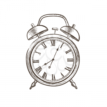 Retro watch doodle line illustration. Watch dial icon isolated on white background. Alarm clock in vintage style