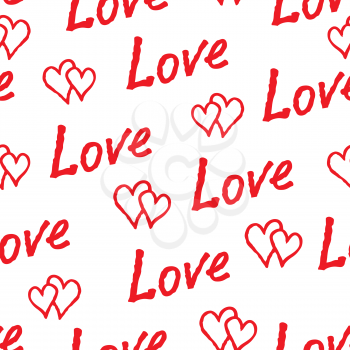 Red love hearts and handwritten lettering LOVE seamless pattern. Doodle sketch holiday tile ornament